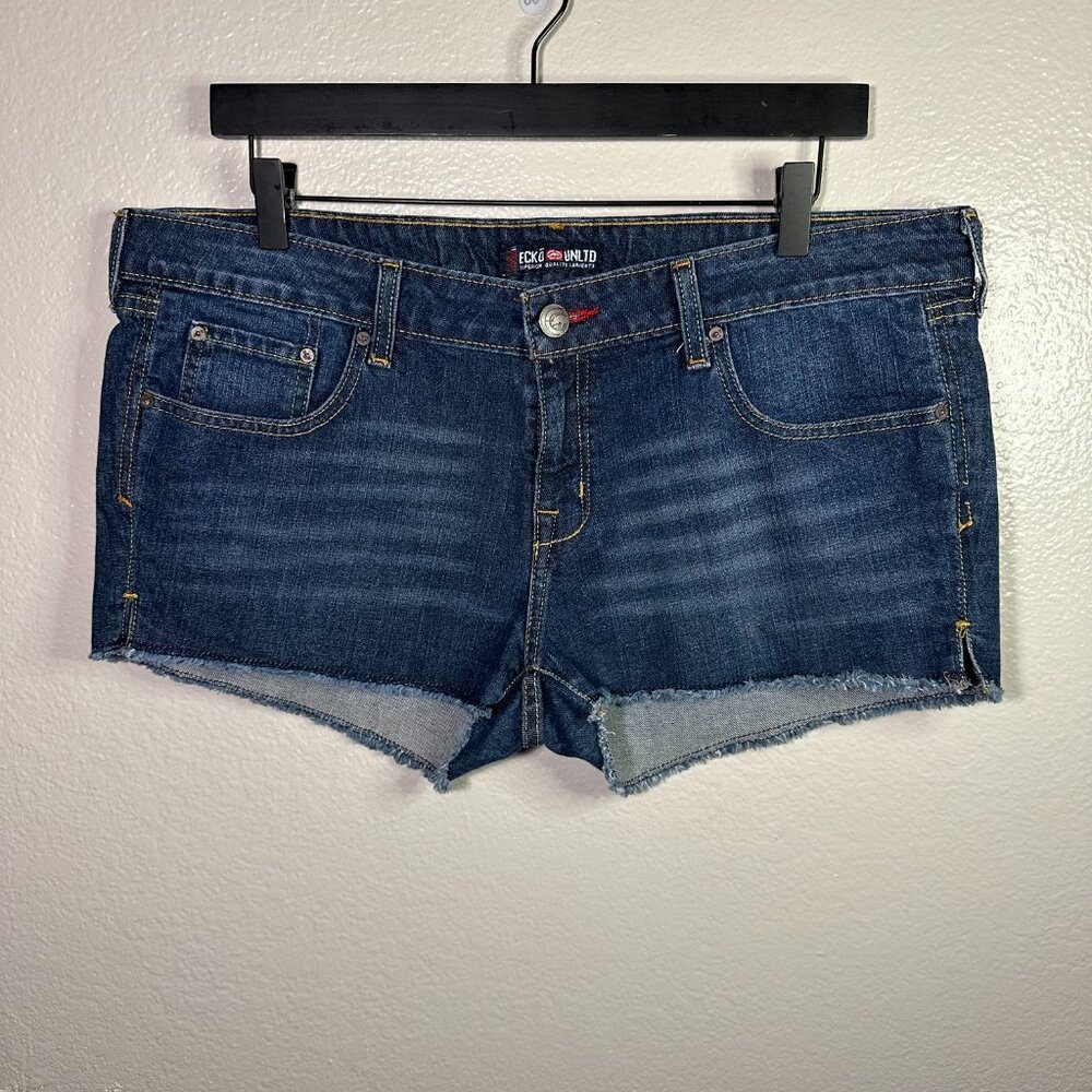 Ecko Unlimited Distressed Denim Shorts in Medium Blue Wash